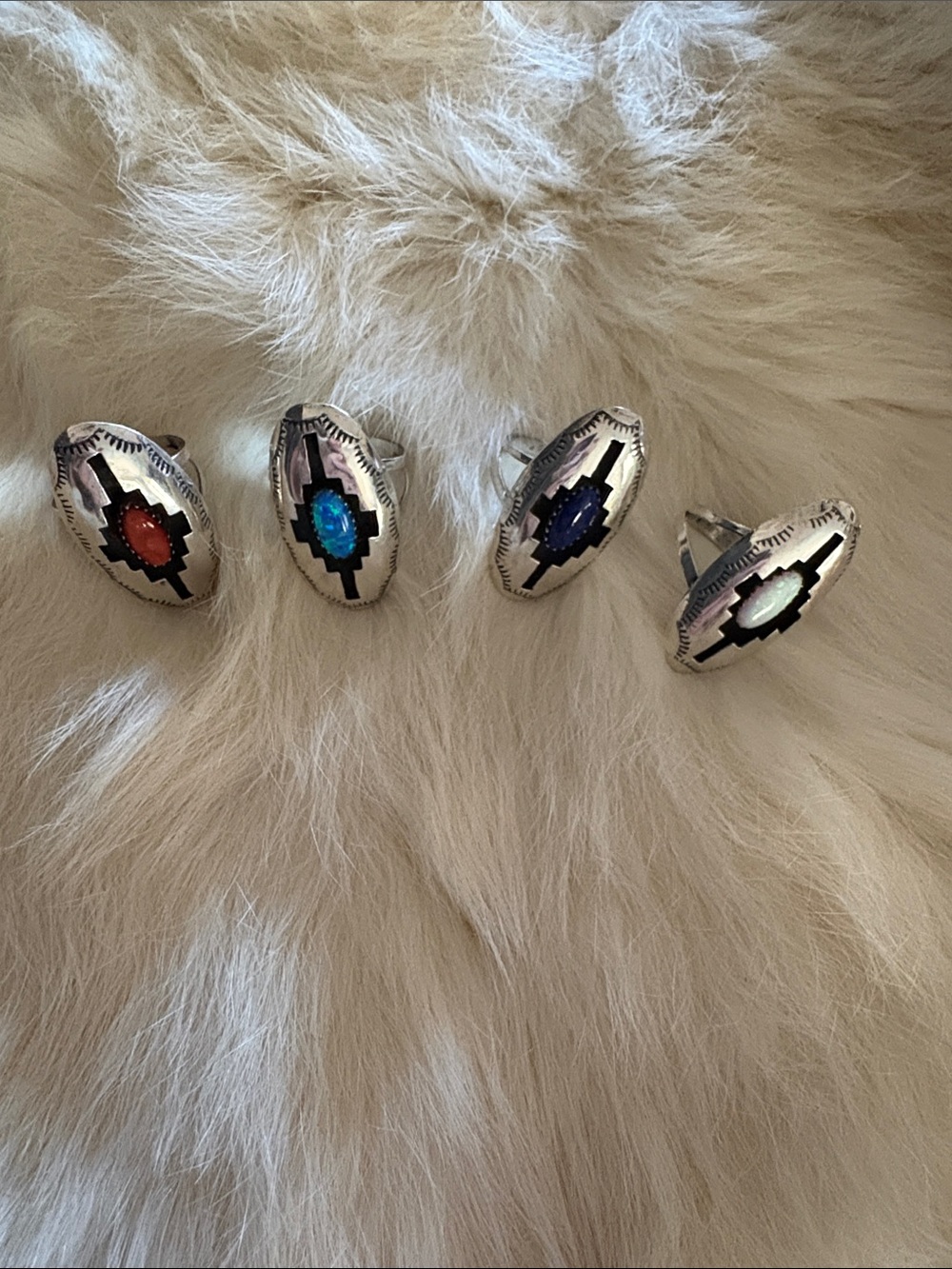 Sterling Silver Navajo-Style Opal Oval Stone Ring - Red, purple , Blue, White